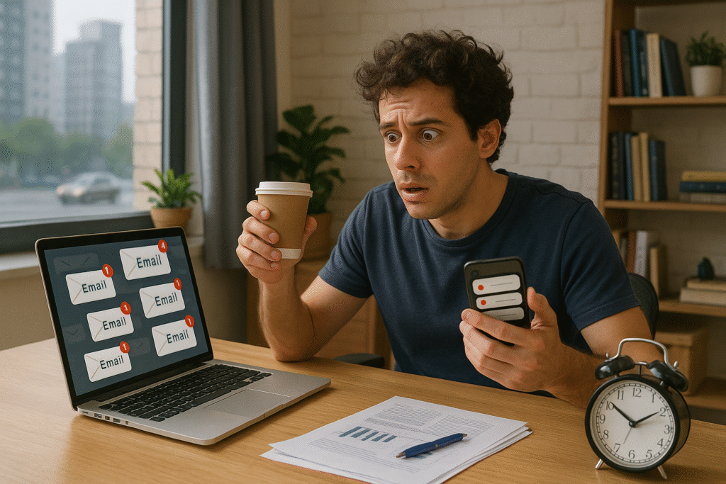 Stressed man at cluttered desk with phone, coffee, and laptop full of emails.
