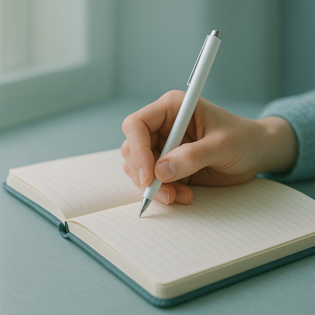 “A hand writing in a journal with soft lighting, symbolizing peace and mental focus.”