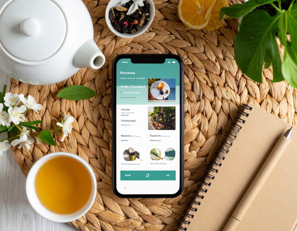 Phone with meditation app on a calm, tidy desk.