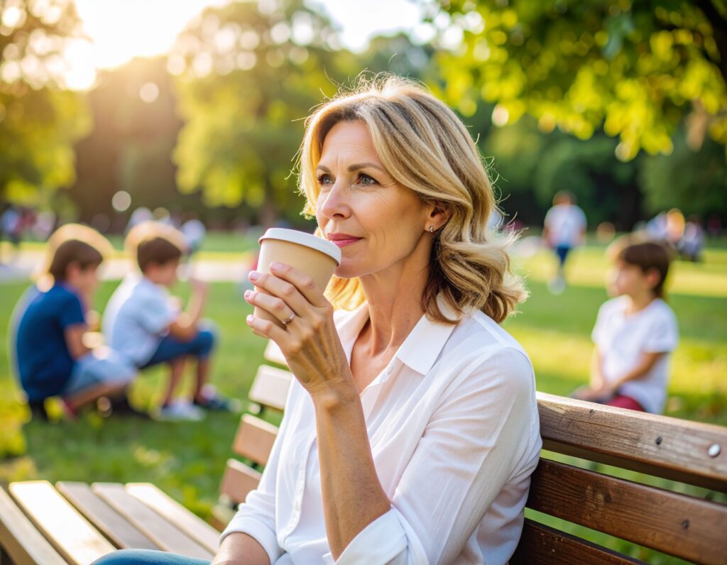 Person peacefully sipping coffee on a park bench, watching life unfold.
