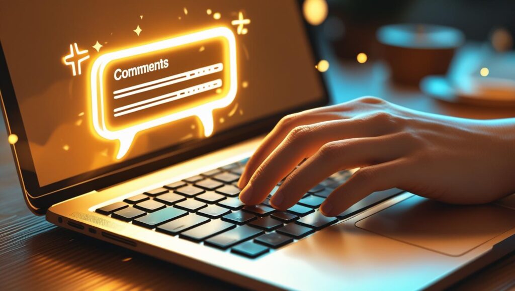 “A person typing on a laptop with an open comment box, inviting community interaction and reflection.”