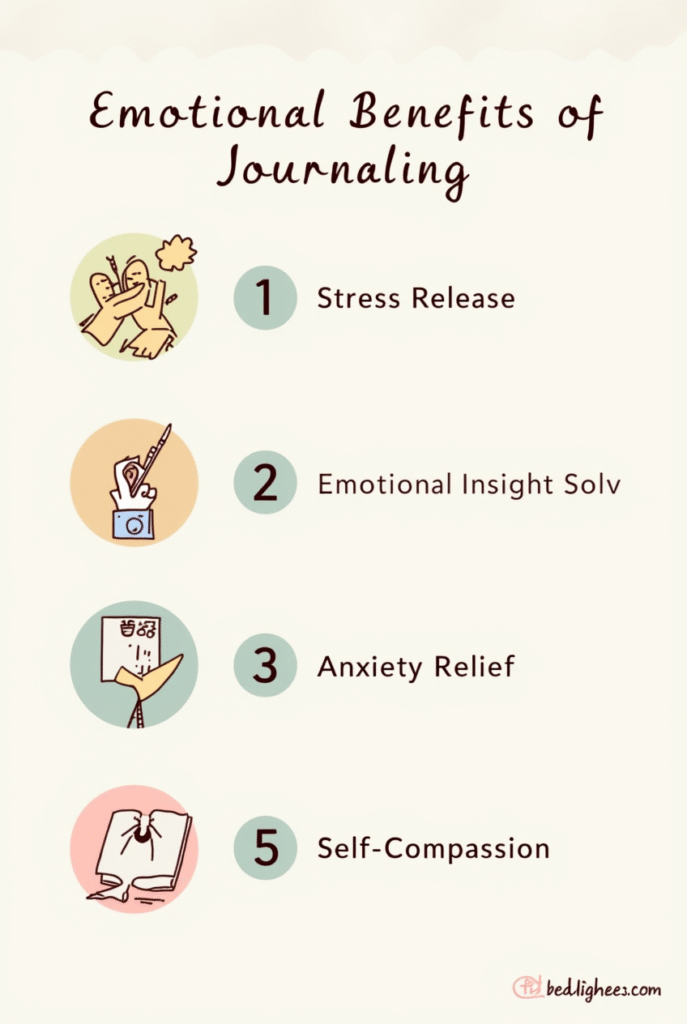 “Infographic showing five icons representing emotional benefits of journaling: stress relief, emotional insight, problem solving, anxiety management, and self-compassion.”