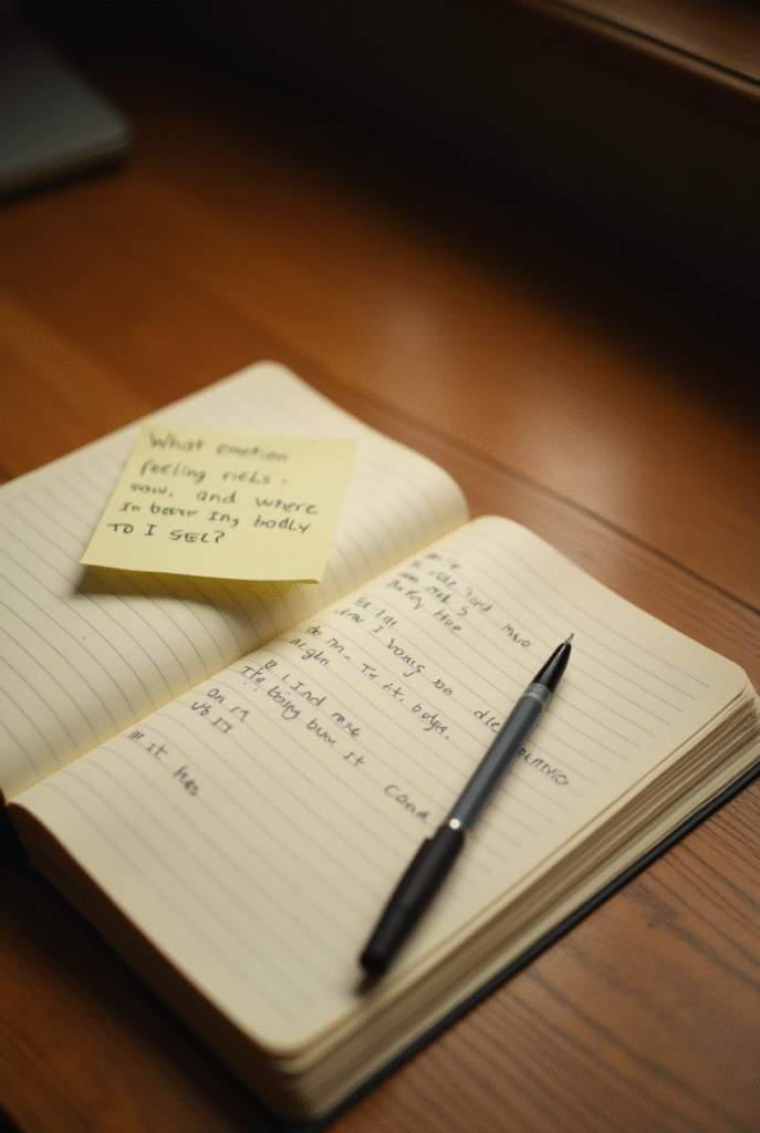 “Open notebook with a sticky note that reads: ‘What emotion am I feeling right now, and where in my body do I feel it?’ placed on a wooden desk.”